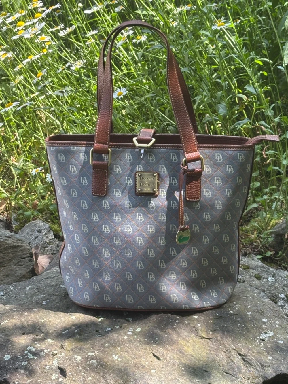 Dooney & Bourke Blue Gray Monogram Canvas Tote Brown Leather Duck Charm USA